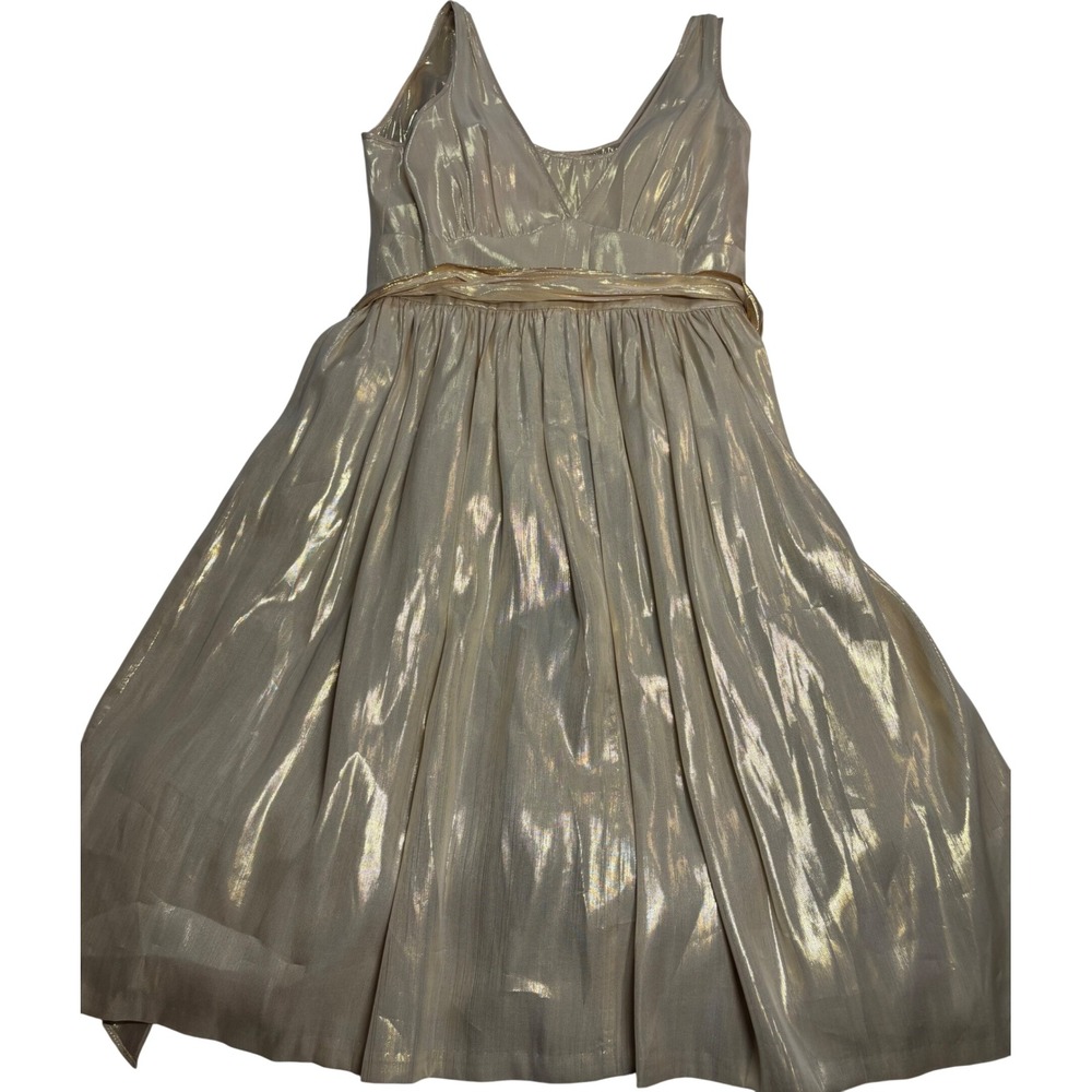 Calvin Klein Silk Metallic Dress Women Gold New V-Neck Pleated Midi Size 8